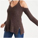 American Eagle Women's Cold Shoulder Brown Knit Sweater Zipper Detailing Sz SM Photo 0