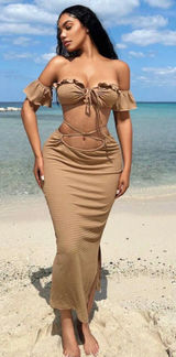 Ruffle trim cap sleeve cross tie crop top and skirt set Photo 0