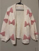 Altar'd State White Knit Cardigan with Pink Bow Accents XS Photo 0