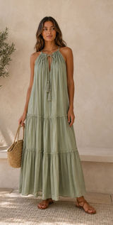 Zara Tiered Maxi Dress Halter Tassel Open Back Boho Resort Vacation XS Sage Photo 0