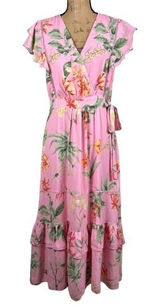 Gibson Latimer Pink Tropical Floral Midi‎ Dress Ruffle Flutter Sleeve Size 6 Photo 0