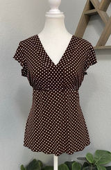 Jtb Brown Polka Dot Babydoll Tie Back Top Flutter Sleeves Cottagecore Dark Fairy Photo 0