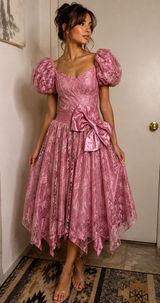Vintage 80s Pink Lace Prom Dress Puff Sleeve Big Satin Bow Party Princesscore Photo 0