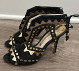 Sophia Webster Riko Black Suede Rose‎ Gold Geometric Peep Toe Stiletto Heels 8 Photo 0