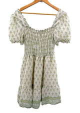 MINE Smocked Puff Sleeve Mini Dress Green‎ White Floral M Milkmaid Cottage Girly Photo 0