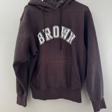 Vintage Brown University Graphic Print Fleece Pullover Hoodie Pockets Brown M Photo 0