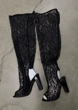 Bamboo Black Floral Lace Over The Knee Peep Toe Block Heel Boots Size 9 Photo 0