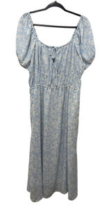 Who What Wear Blue Floral Puff Sleeve Smocked Waist Midi Dress XL Pocket Cottage Photo 0