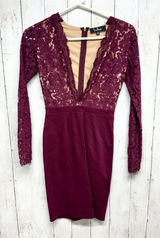 Lulus Dress Women Sz XS Plum Laced Swooner Later Plunge Long Sleeve Lace Mini‎ Photo 0