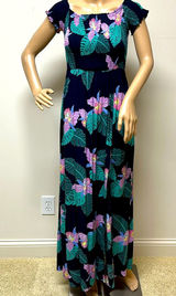 Lulus Smocked Navy Pink Green Floral Tropical Maxi Dress with Pockets size M Photo 0