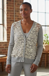 LOFT Gray Lace Front Cardigan Sweater Long Sleeve Button Up Women's Size L Photo 0