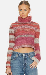Free People My Girl Sweater Womens Small Pink Stripe Cropped Turtleneck Chunky Photo 0