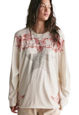Free People We The Free Fly By Long Sleeve Tshirt Ivory Combo Star Embroidered M Photo 0