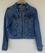 Free People Cropped Denim Jacket Blue Button Front Trucker Jean Western Distress Photo 0