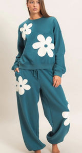 NEW Double Zero Teal Floral Appliqué Fleece Sweatshirt Jogger Set Medium Photo 0