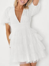 Lulus‎ Symphony of Love White Dotted Tulle Tiered Mini Dress XL Bridal Shower Photo 0