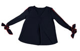 Ann Taylor Women’s Top Medium Navy Blue Red Bow‎ Cuff Career Photo 0
