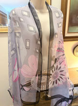 Okinawa Japan Scarf Grey Pink Butterfly Floral Sheer Geometric Print OS Photo 0