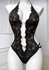 Women's Sexy Lace Teddy Bodysuit S Black Sheer Cutout Heart Rhinestone NWT Photo 0