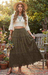 NWT Elie Tahari tiered eyelet maxi skirt in olive/army green. Photo 0