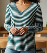 Anthropologie Akemia Kin Striped V-Neck Long Sleeve Tunic‎ Top Green White Photo 0