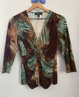 90s Y2K US 6 3/4 Sleeve Top Brown Blue Leopard Animal Ruch Twist Party Rave Photo 0