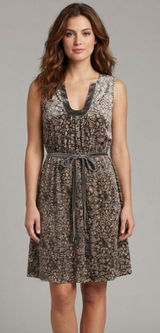 Beth Bowley 100% Silk Dress Geometric Lace Print Velvet Trim Belted Womens Size Photo 0