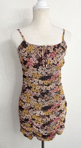 Ultra Flirt Bodycon Mini Dress Small Multicolor Floral Ruched Mesh Tie Front Photo 0