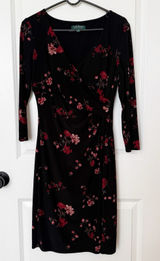 Lauren Ralph Lauren Womens Dark Floral Midi Dress Size 8 Ruched Stretch Comfort Photo 0