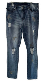 Rock & Republic Berlin Jeans‎ Size 14 Distressed Embellished Birds Skinny Blue Photo 0