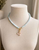 Handmade Blue Beaded Cross Heart Necklace Photo 0