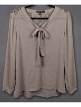 The Limited Taupe Sheer Chiffon Blouse Lace Yoke Tie Neck Long Sleeve Size XL Photo 0
