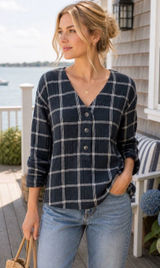 Madewell Lightspun Evert Women's Top Black Size L Windowpane Plaid Button Front Photo 0