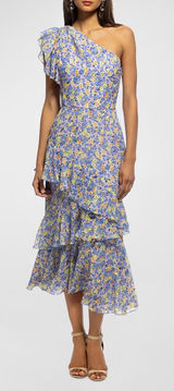 Shoshanna Lavender Purple Priya Floral Print One Shoulder Midi Cocktail Dress 0 Photo 0
