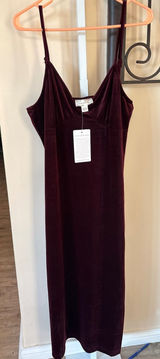 Band of the Free Women Burgundy Velvet Midi Dress V-Neck Pleated Bust Size L Photo 0