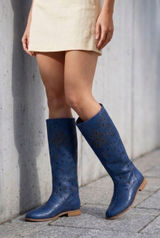 RARE Unbranded Blue Perforated Leather Summer Boots Boho Laser Cut Size 39 Photo 0