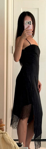 Black Slip Mini Dress with Lace Hem Photo 0