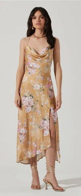 ASTR‎ the Label Gaia Dress in Mustard Floral Satin Midi Womens Size L Photo 0