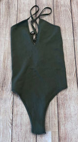 FP Movement Free People Olive Lace Up V-Neck Ribbed Bodysuit XS/S OB1104386 Photo 0