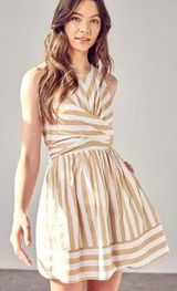 DO+BE Striped Bow Back A Line Mini Dress - Tan and White Photo 0