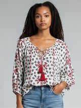 Boho Embroidered Tie-Front Peasant Top M 22” p2p White/Red & Navy Floral EU Photo 0