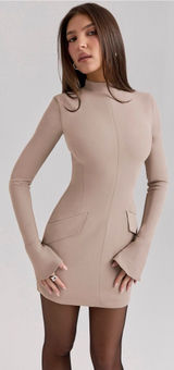 House Of Cb Mahalia Taupe Long Sleeve Mock Neck Mini Dress‎ NWOT Size M Photo 0
