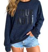 True Religion Navy Leopard Graphic Print Logo Crewneck‎ Sweatshirt L Pima Cotton Photo 0