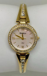 Armitron women’s watch gold tone 24mm mop dial quartz rhinestones running Photo 0