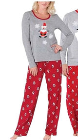 Women's Christmas Santa Claus Pajama Set Small Snowflakes Gray Red Sleepwear Photo 0