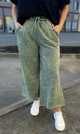 Zenana Acid Washed French Terry Palazzo Pants Small Olive Green Drawstring Photo 0