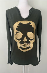 Zadig & Voltaire Olive Green Long Sleeve Tee with Gold Skull Motif Photo 0