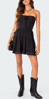 Edikted Liora Black Cotton Lace Tiered Strapless Mini Dress Women’s Size Small Photo 0