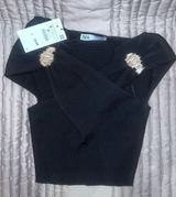 New Zara KNIT GOLDEN BROOCH TOP 9598/043 Black Surpluses Neckline Small Photo 0