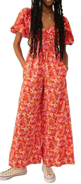 NEW FREE PEOPLE Amy Floral Cotton cutout Orange Jumpsuit sz M Photo 0